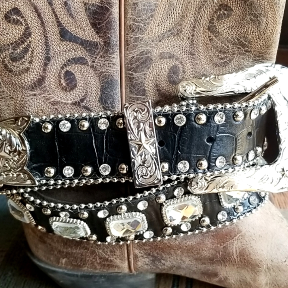Genuine Leather Southwestern Interchangeable Buckle Rhinestone Silvertone - Picture 7 of 14